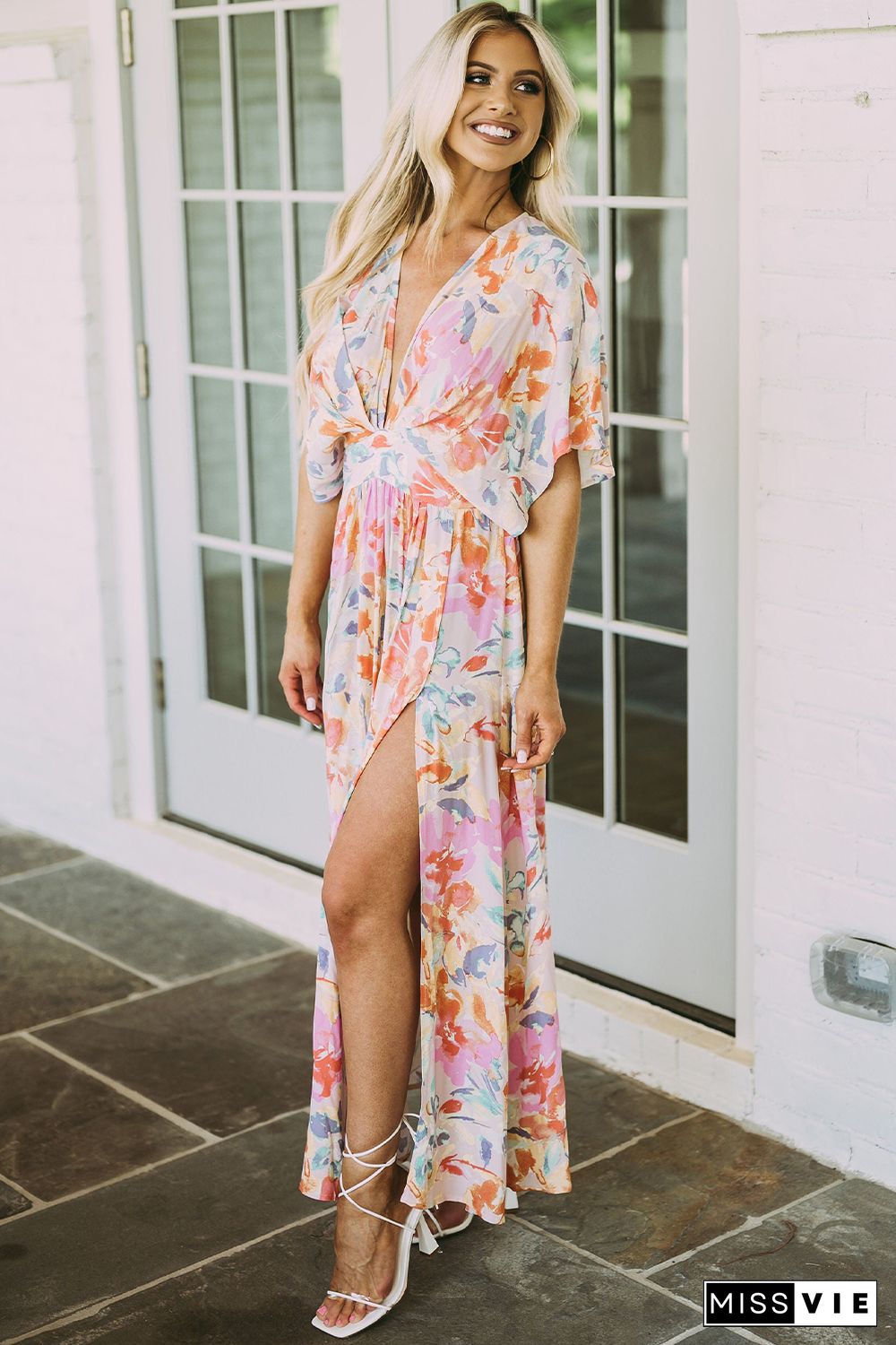 Multicolor Tropical Floral Print Ruched V Neck Maxi Dress