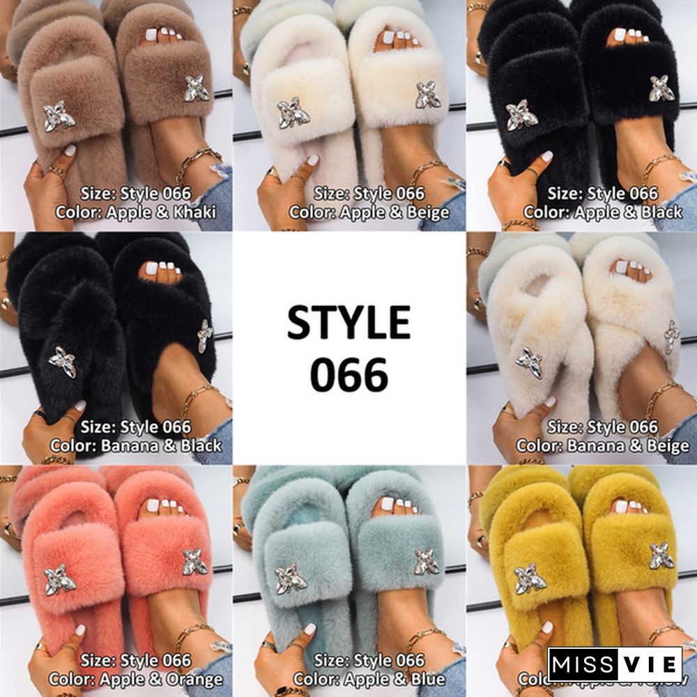 Fluffy Warm Women Home Slippers Fur Rhinestone Crystal Platform Shoes Indoor Flip Flops Female Soft Casual Slides Cotton Fur Slippers