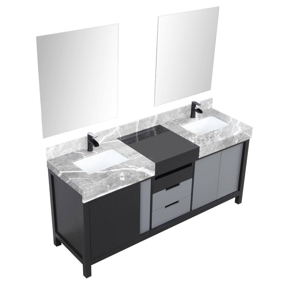 Lexora Zilara 72 in W x 22 in D Black and Grey Double Bath Vanity Castle Grey Marble Top Matte Black Faucet and 28 in Mirrors LZ342272DLISM28FCM