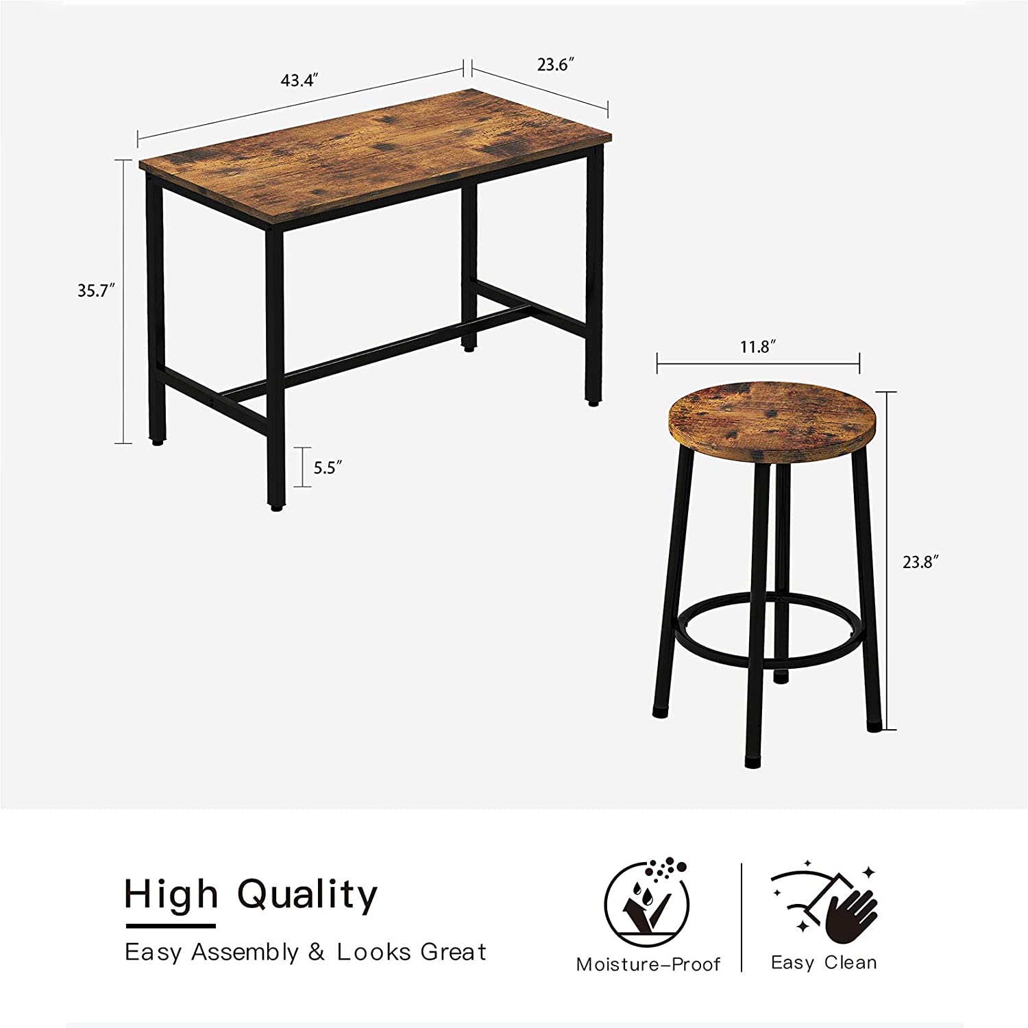 Recaceik Bar Table and Chairs Set, Industrial Counter 35.62 Height Pub Table with 4 Chairs Bar Table Set, 5 Pieces Dining Table Set Home Kitchen Breakfast Table