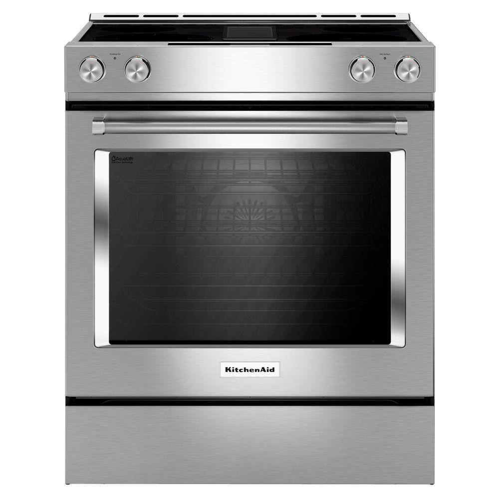 KitchenAid 6.4 cu. ft. Downdraft Slide-In Electric Range with Self-Cleaning Convection Oven in Stainless Steel KSEG950ESS