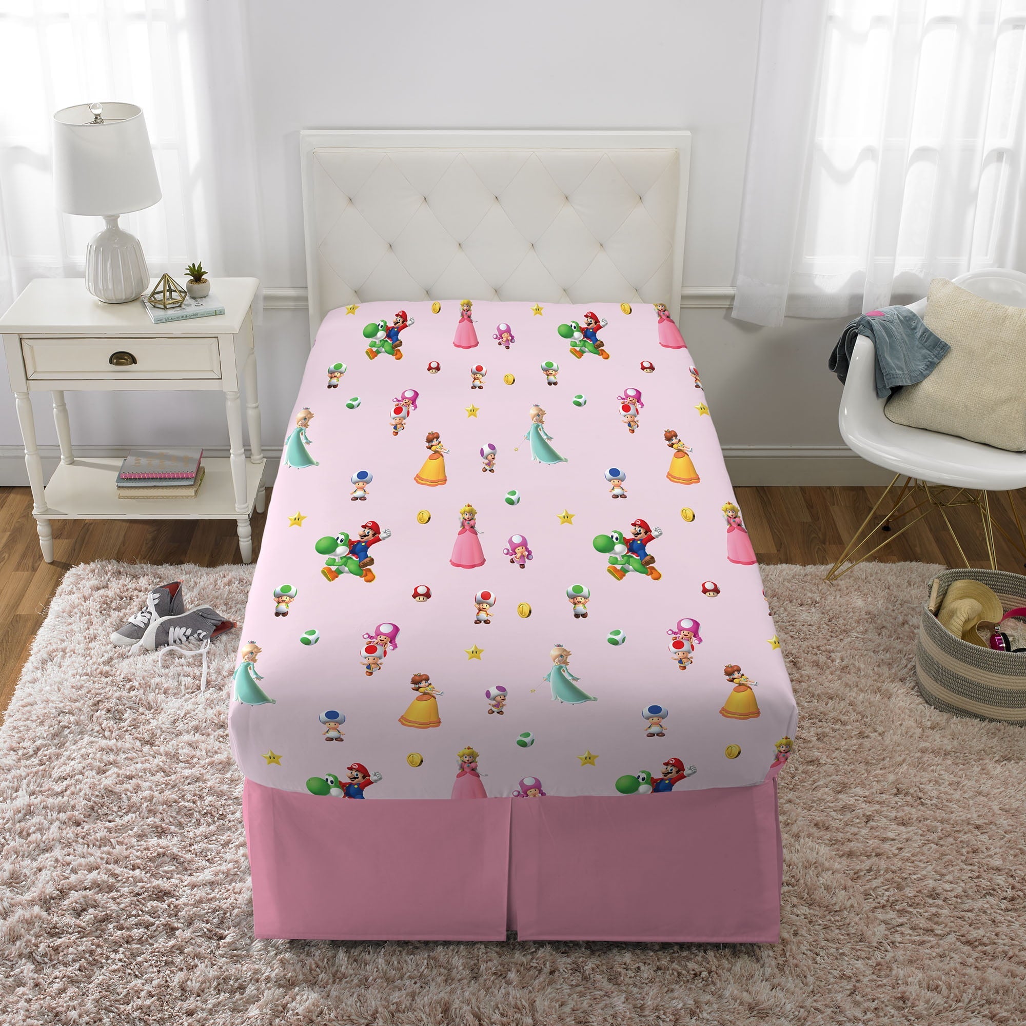 Super Mario Girl Kids Twin Bed in a Bag, Gaming Bedding, Comforter and Sheets, Pink, 