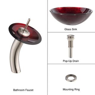 KRAUS Irruption Glass Vessel Sink in Red with Single Hole Single-Handle Low-Arc Waterfall Faucet in Satin Nickel C-GV-200-12mm-10SN