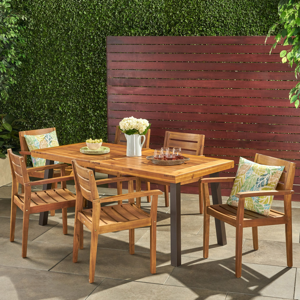 GDF Studio Avalon Outdoor 6 Seater Rectangular Acacia Wood Dining Set   Transitional   Outdoor Dining Sets   by GDFStudio  Houzz