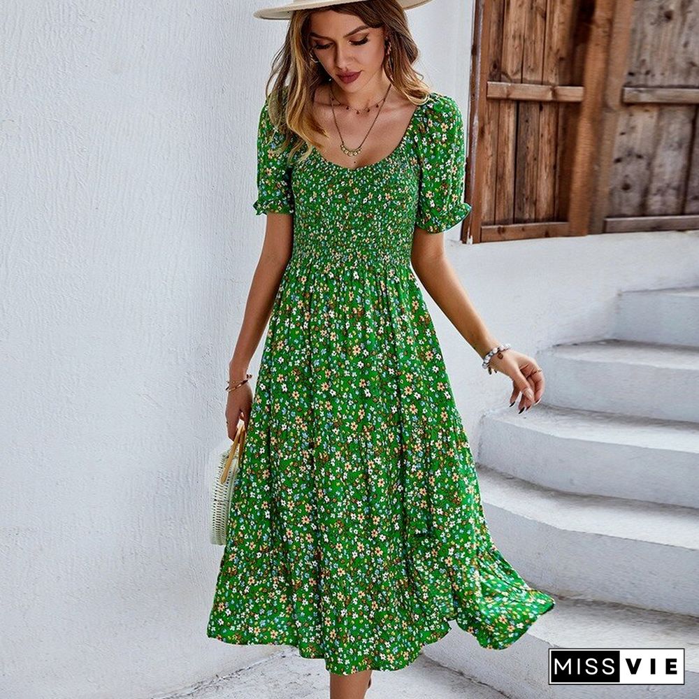 Casual Bohemian Print Dress Women Summer Dresses New Empire Crew Neck Short Petal Sleeves Large Hem Split A-line Midi Dress