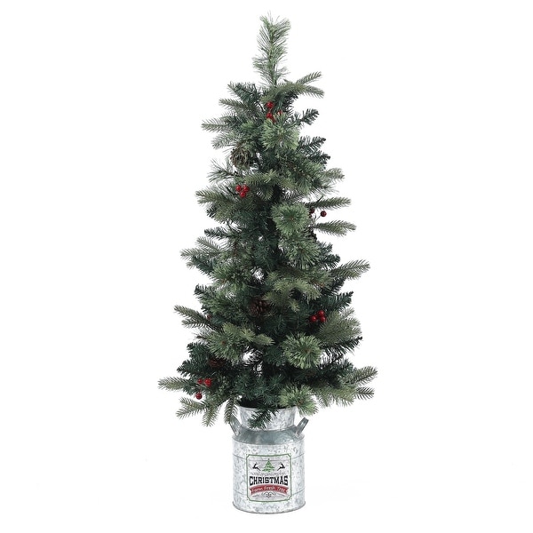 Artificial 4ft Christmas Tree with Metal Pot and Prelit LED Lights with Pine Cones and Berry Decorations