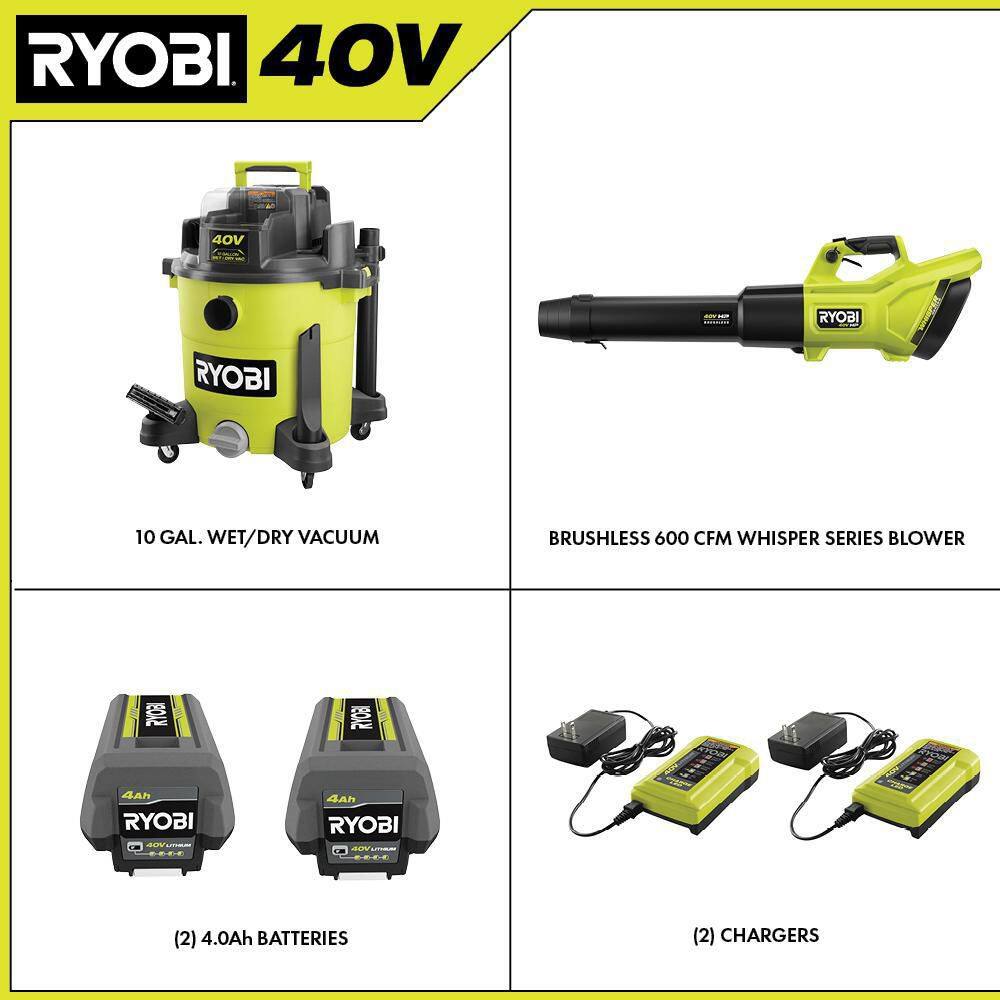 RYOBI 40V 10 Gal. Cordless WetDry Vacuum with 40V HP Brushless Whisper Series Leaf Blower (2) Batteries and (2) Chargers RY40WD01K-RY404130VNM