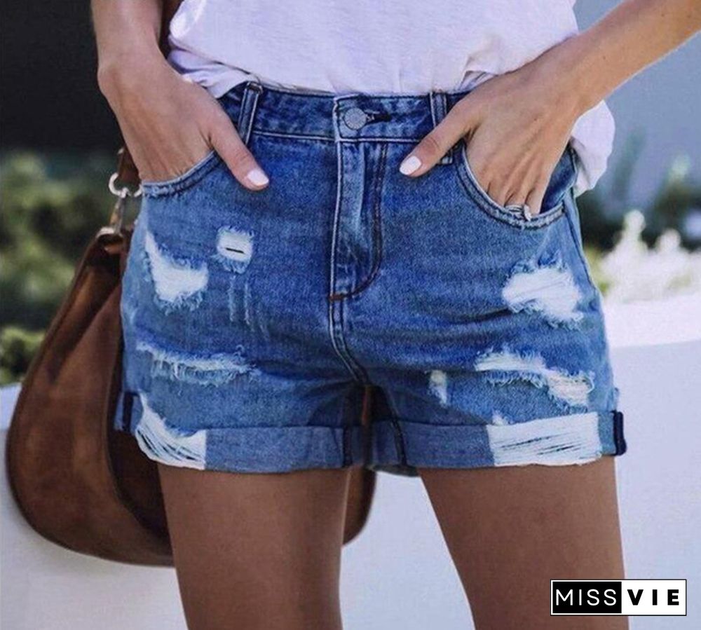 Znaiml New Summer Women High Waist Rippde Hole Button Straight Slim Jeans Shorts Casual Street Female Loose Fit Blue Denim Short