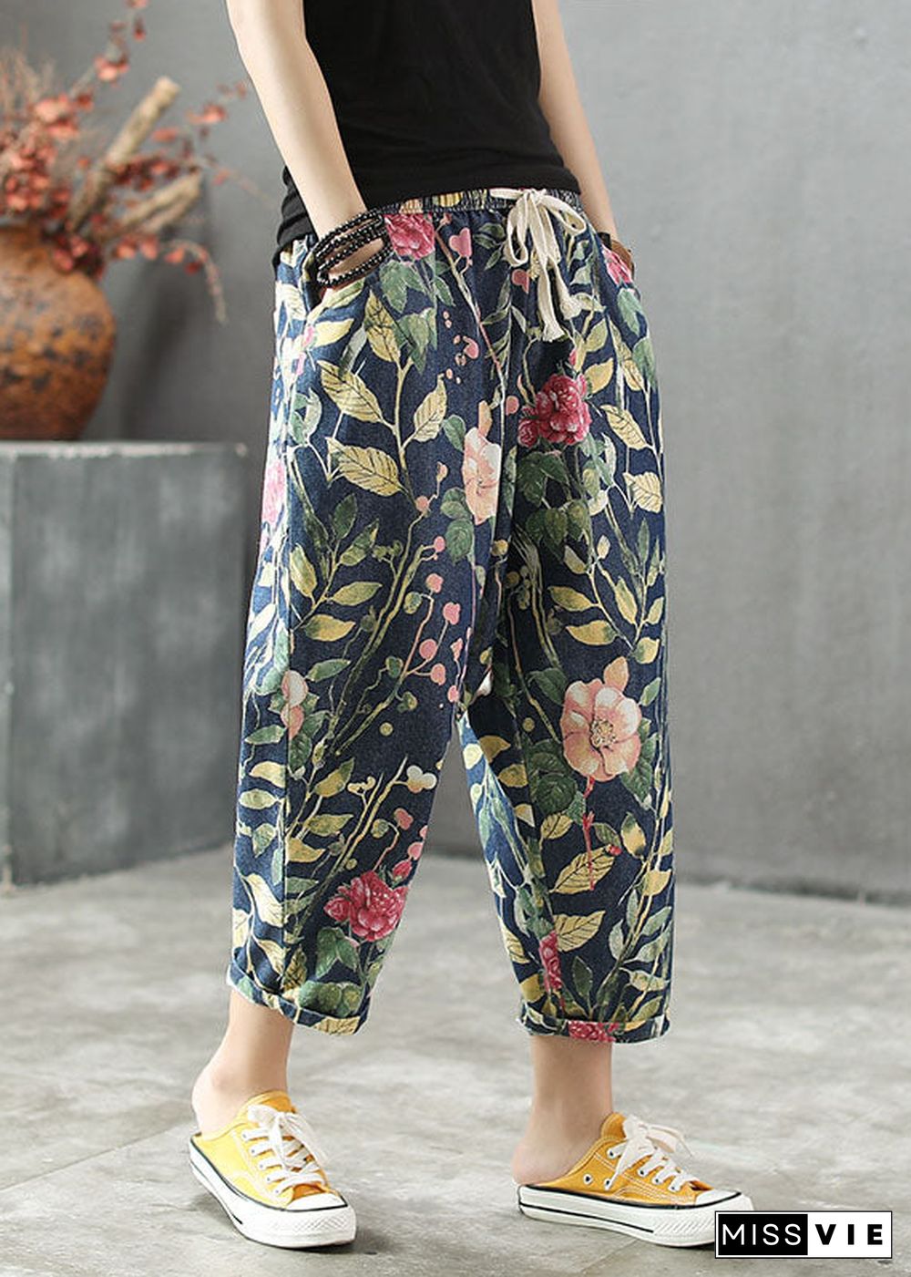 Stylish Drawstring Pockets Print Cotton Denim Pants Summer