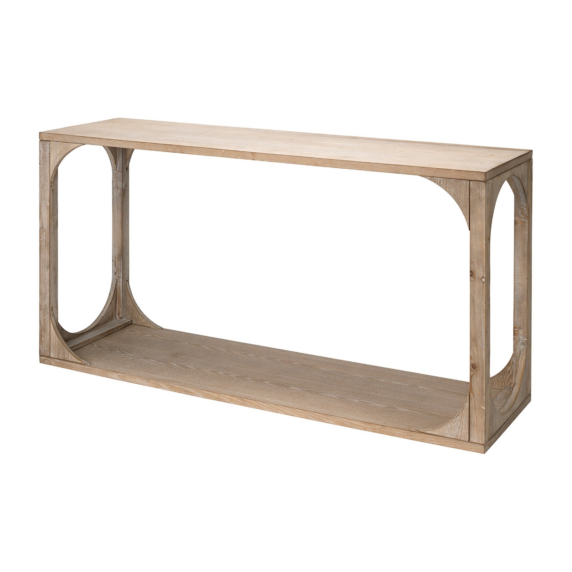 Console Table with Oblong Cut Out and Bottom Shelf， Natural Brown