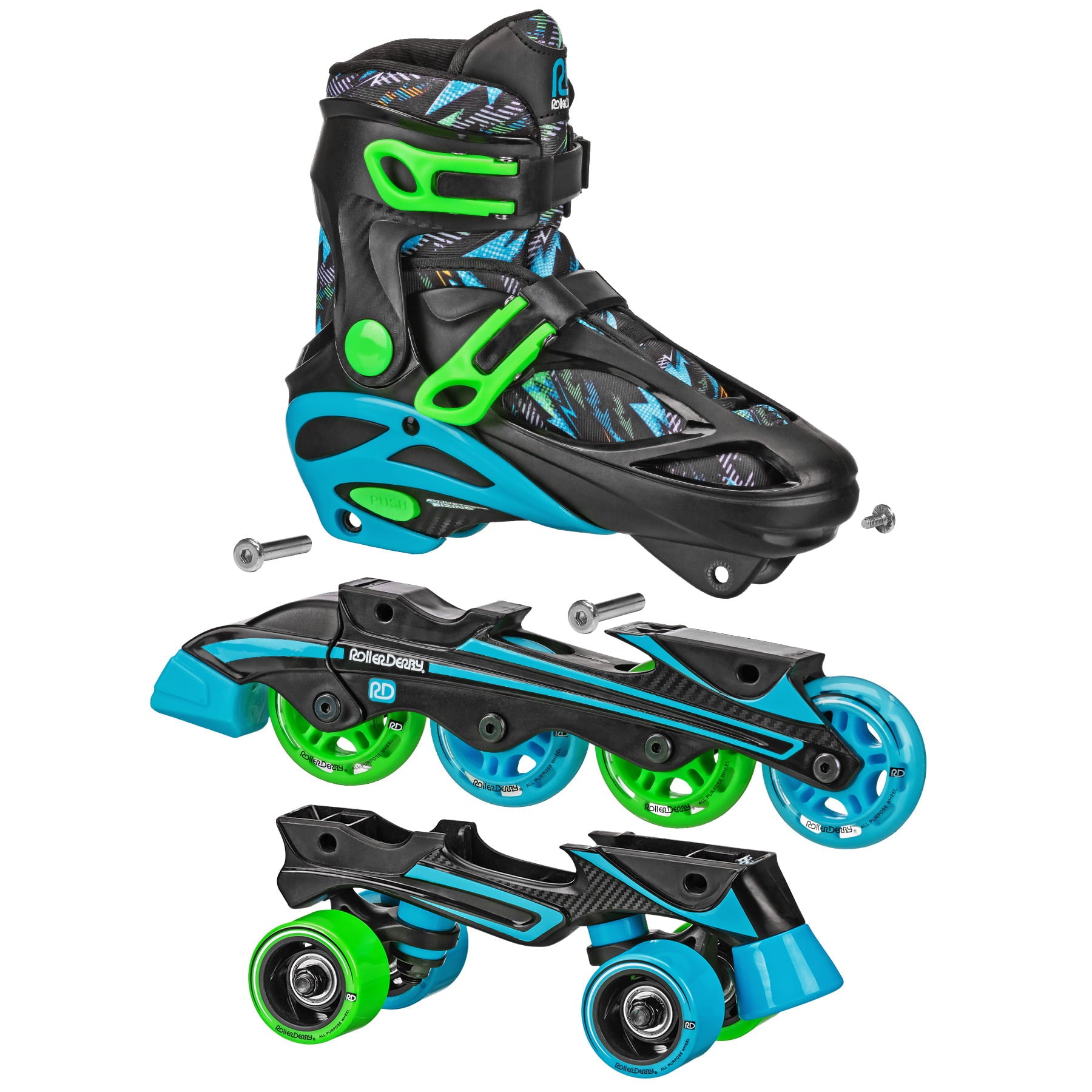 Roller Derby Sprinter Boy's 2n1 Adjustable Quad and Inline Skate Combo Lightning, Size 3-6