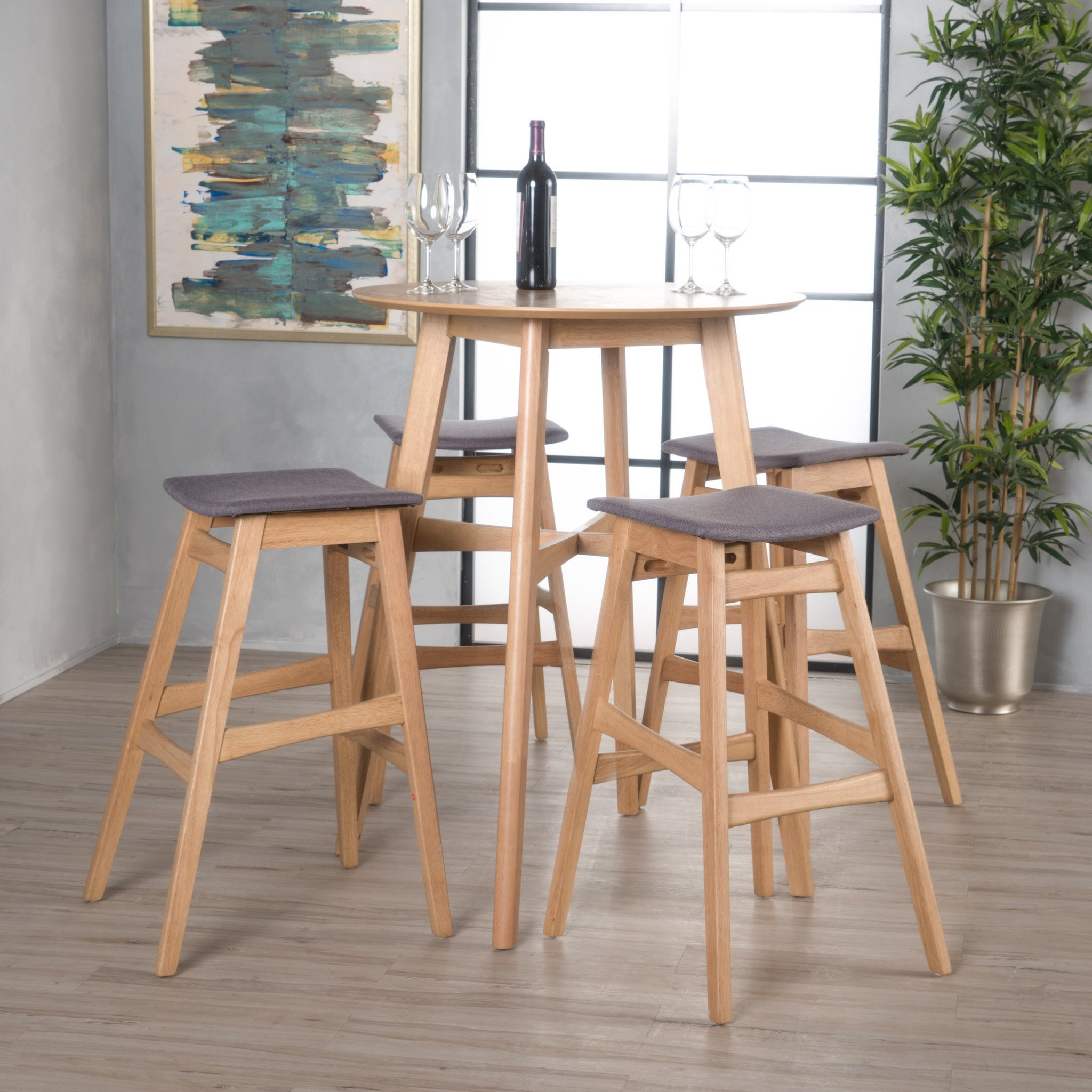 Simi Natural Oak Finish Circular 5 Piece Bar Height Dining Set