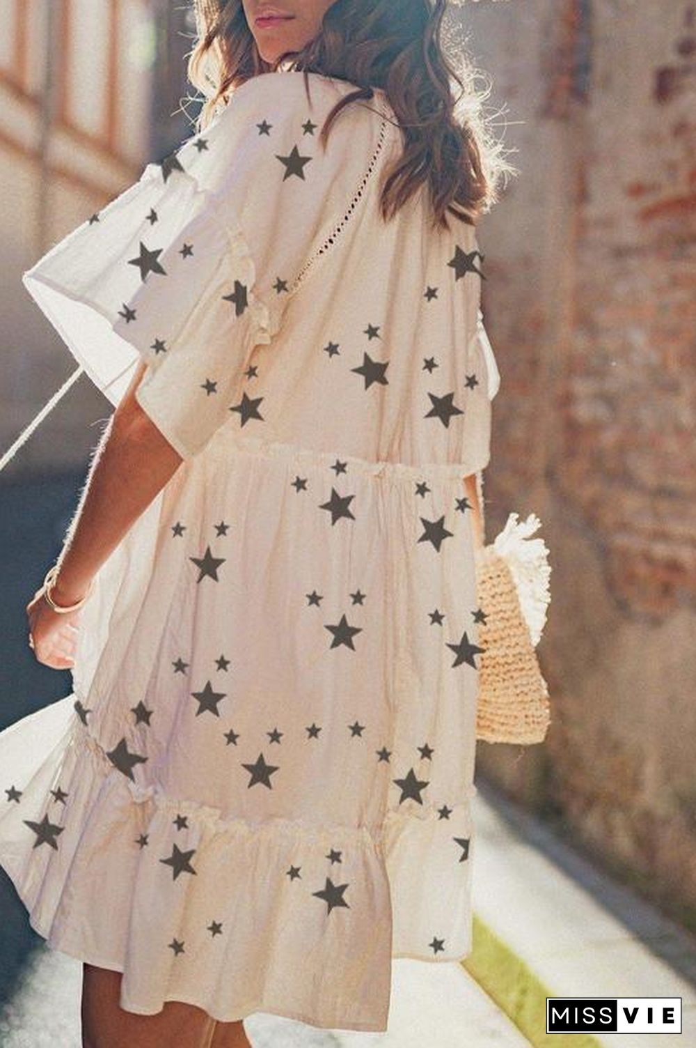 Sweet Star Print V-Neck Tassel Dress