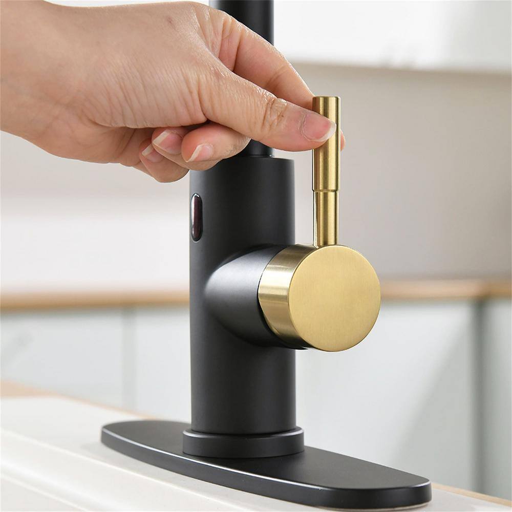 FLG Single Handle Touchless Commercial Smart Pull Down Sprayer Kitchen Faucet with Deckplate Included Black and Brushed Gold CC-0131-BG