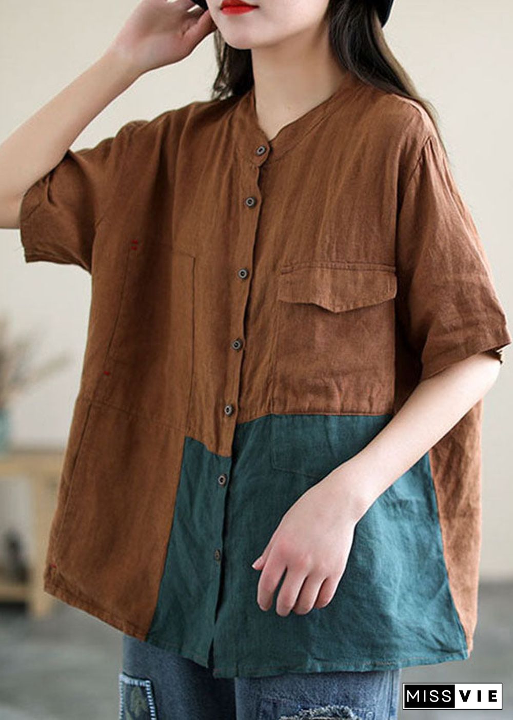 Handmade Chocolate Green Asymmetrical Patchwork Linen Shirt Tops Short Sleeve