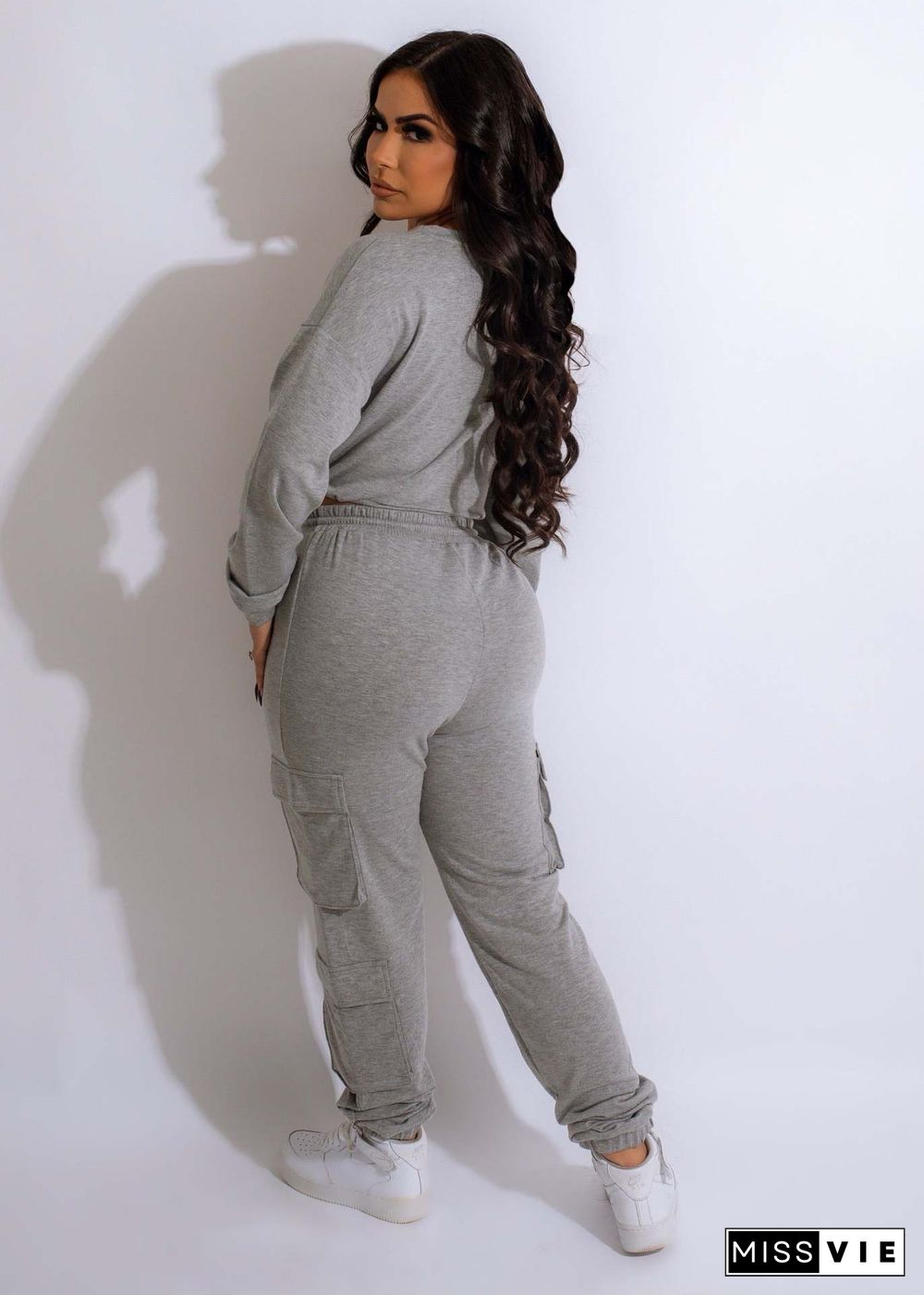 Casual Long Sleeve Lace Up Crop Top Cargo Pants Suit