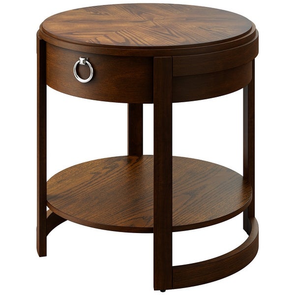 Round Side End Table with Drawer Storage Shelf Accents Nightstand