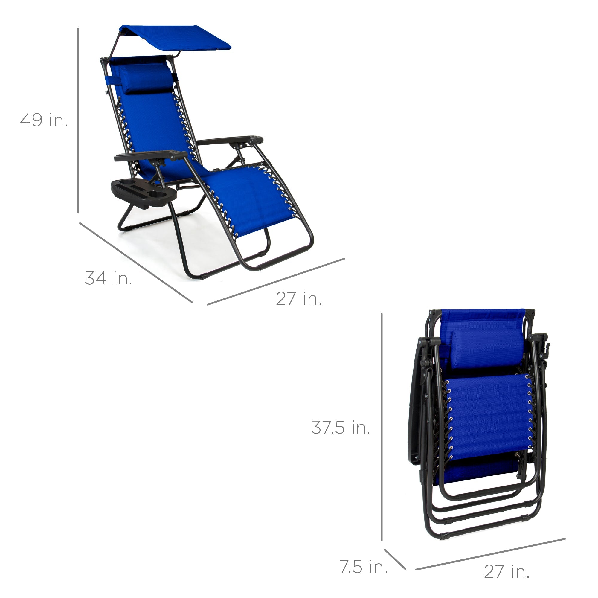 Best Choice Products Folding Zero Gravity Recliner Patio Lounge Chair w/ Canopy Shade, Headrest, Tray - Cobalt Blue