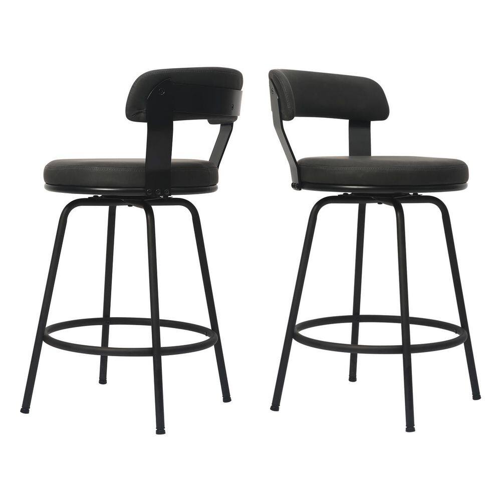 Hausfame 32.5 in. Grey Low Back Metal Frame Swivel Counter Stool with Round PU Leather Seat (Set of 2) HUSF-SBS1006GY-24