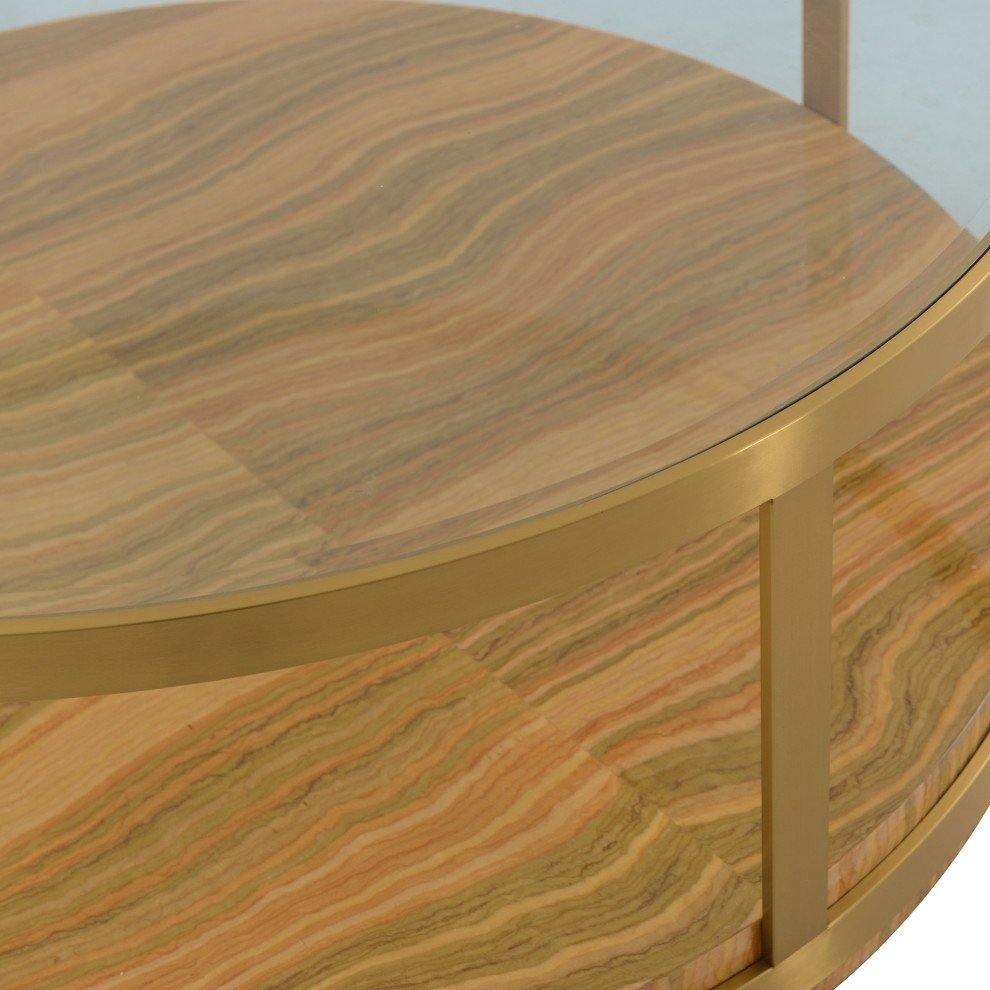 Hattie Glass Top and Wood Round Coffee Table With Gold Frame   Contemporary   Coffee Tables   by GwG Outlet  Houzz