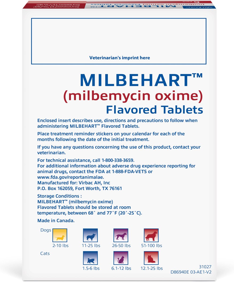 Milbehart Flavored Tablets for Dogs， 51-100 lbs， and Cats， 12-25 lbs， (Red Box)