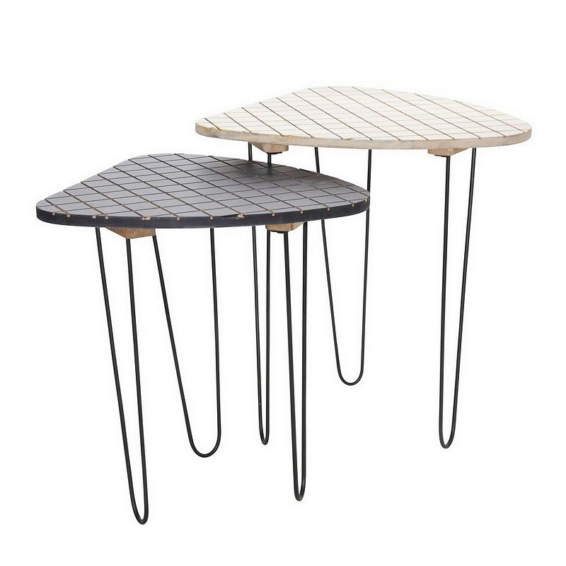 Checkered Wood Top Accent Table with Hairpin Legs， Set of 2，Black and White