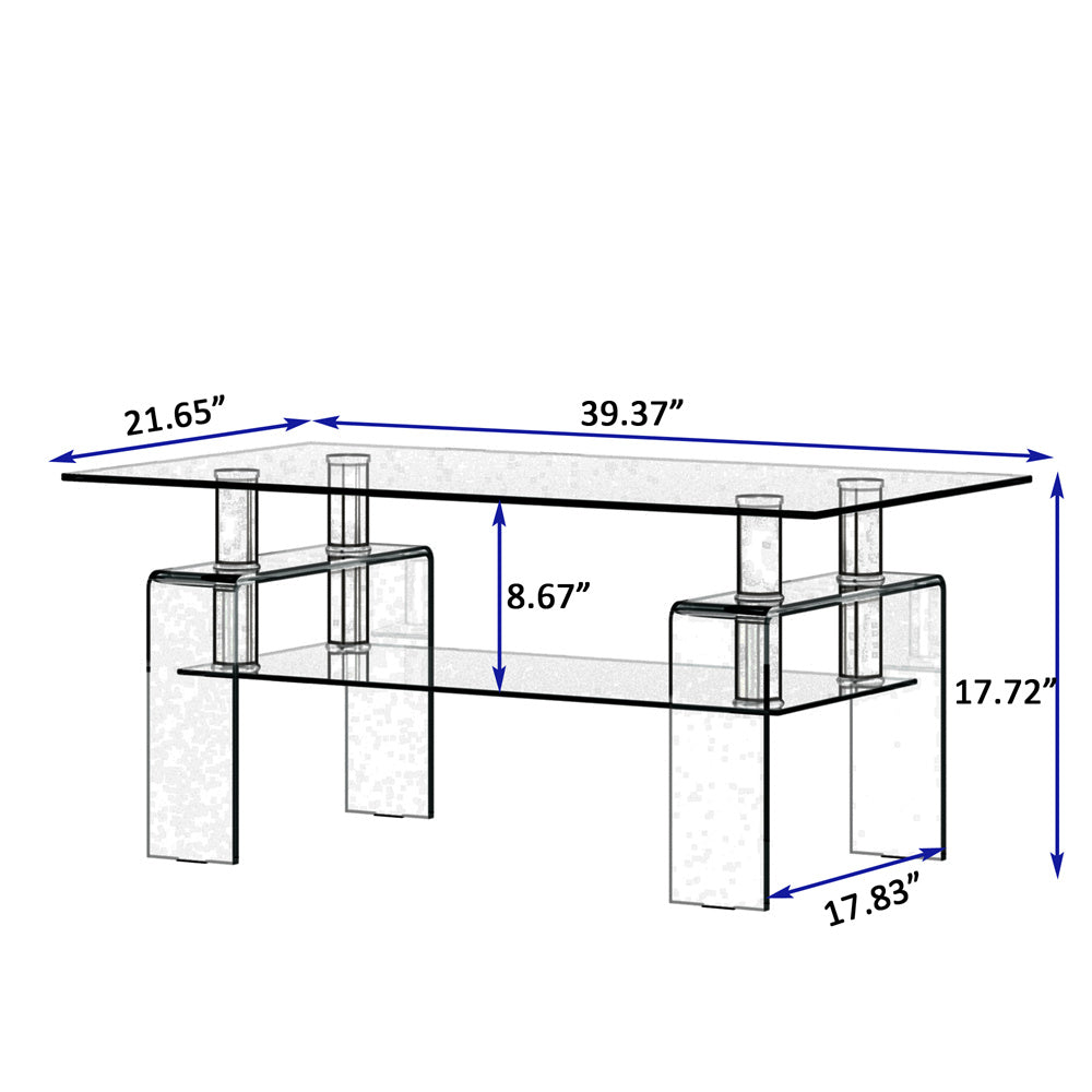 Lausatek Tempered Glass Coffee Table ,Modern Chic Stainless Steel Legs, Transparent Square Shape Tea Table with Double Shelves, Center Table Side Table for Apartment Living Room Office