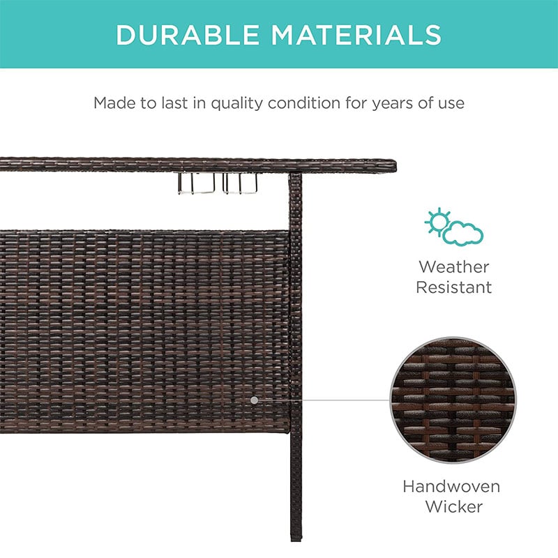 Rattan Wicker Outdoor Patio Bar Counter Table with 2-Row Goblet Holders & 2 Storage Shelves