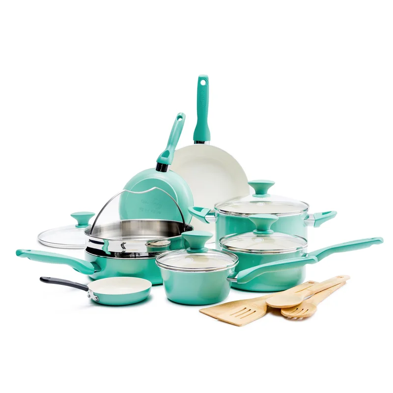 GreenPan CC002482-001 Rio Healthy Ceramic Nonstick 16 Piece Cookware Pots and Pans Set in Turquoise