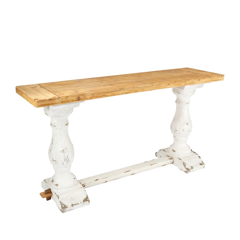 White Wood Distressed Console Table with Brown Wood Top   59 x 16 x 29