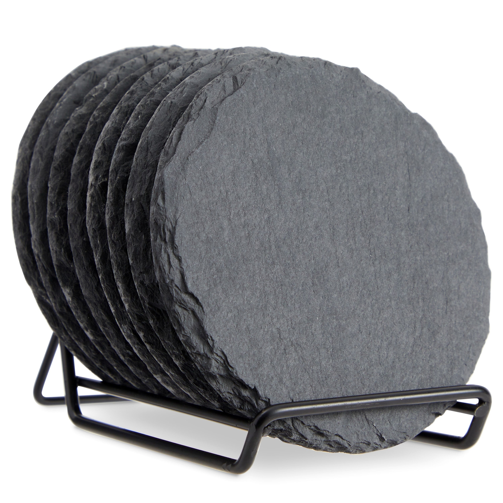 8 Pack Natural Edge Slate Coaster Set with Holder， Round Stone Coasters (Black 3.8 In)