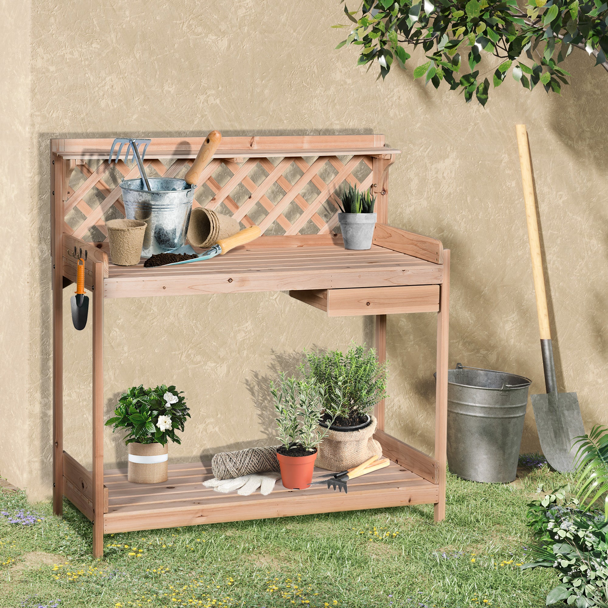 Outsunny Outdoor Garden Potting Bench, Wooden Workstation Table w/ Drawer, Hooks, Open Shelf, Lower Storage and Lattice Back for Patio, Backyard and Porch