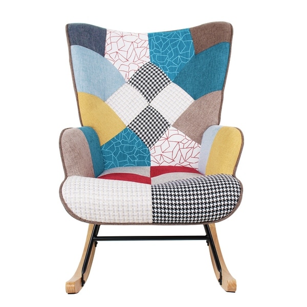 Fabric Rocker Chair with Wood Legs and Patchwork Linen