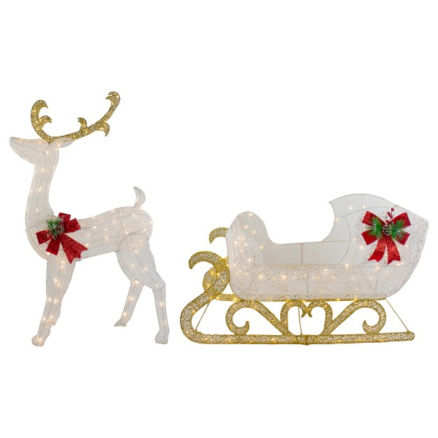 Led Lighted Glitter Reindeer With Sleigh Outdoor Christmas Decoration