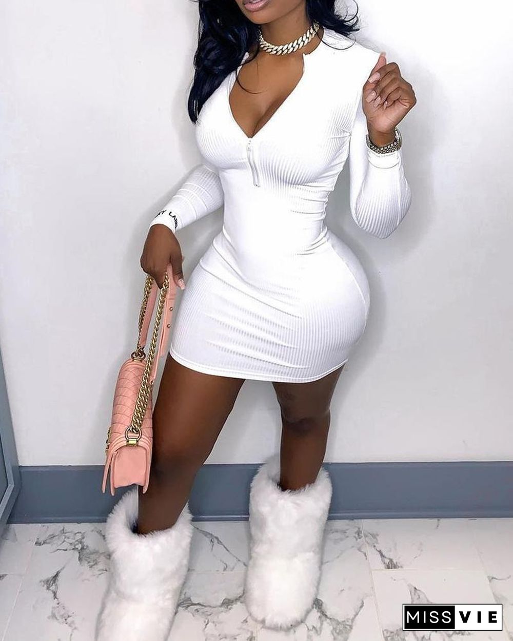 Solid Color Ribbed Long Sleeve Skinny Mini Dress