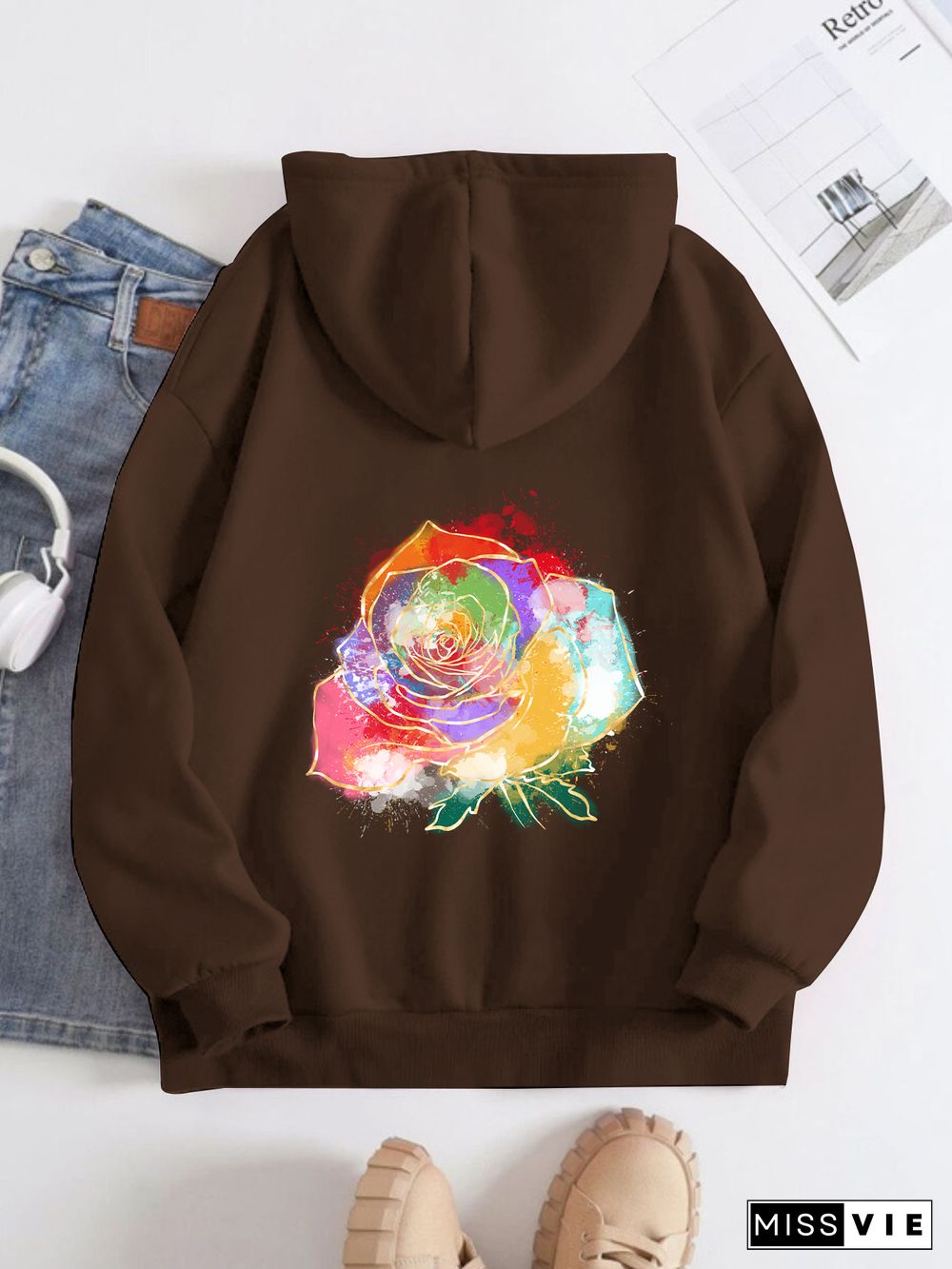 Printed on the Back Kangaroo Pocket Hoodie Long Sleeve for Women Pattern Coloful Rose