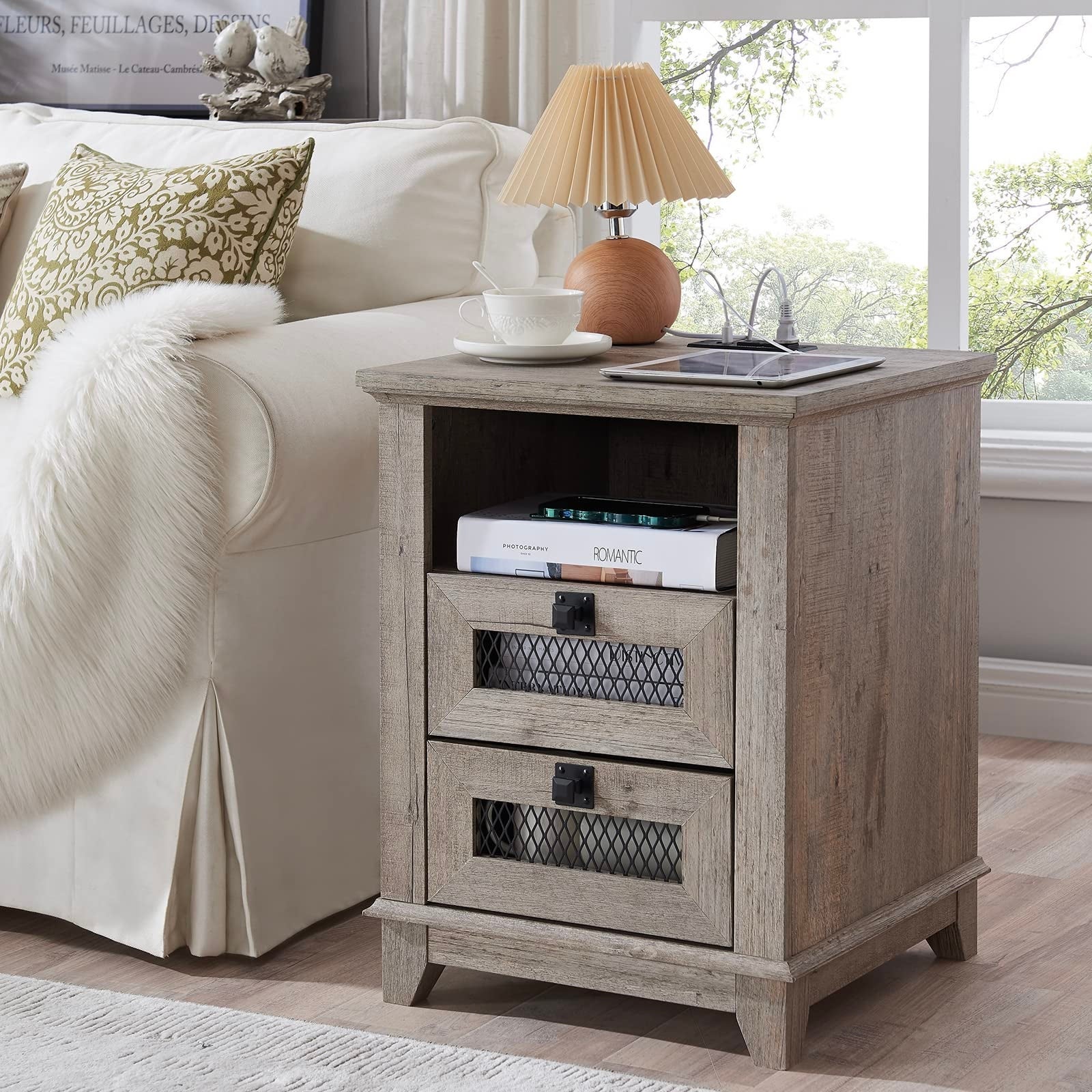 Nightstand with Charging Station，OKD 18'' Industrial and Farmhouse End Table with 2 Drawers and Open Cubby