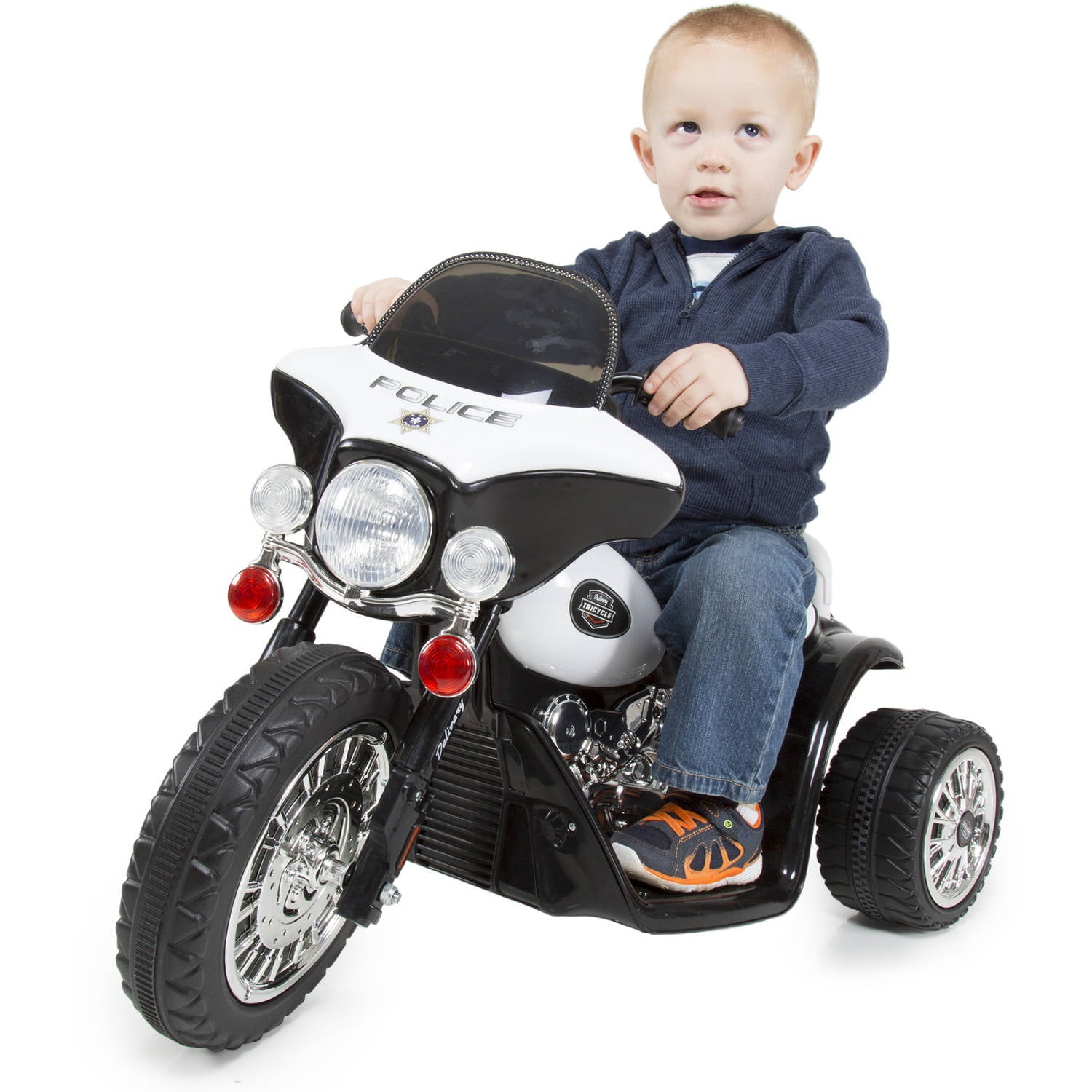 3 Wheel Mini Motorcycle Trike for Kids， Battery Powered Ride on Toy by Rockin’ Rollers – Toys for Boys and Girls， 2 - 5 Year Old – Police Car