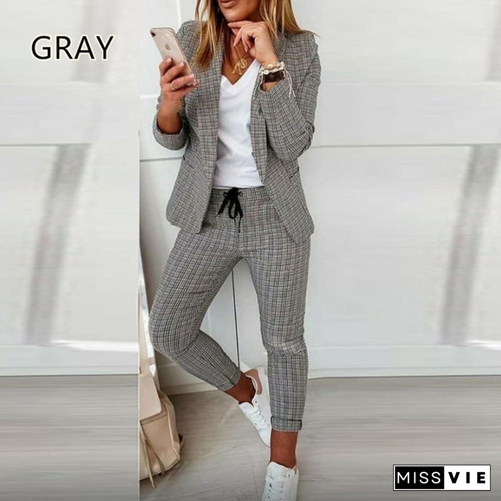 Women Elegant Long Sleeve Blazer Sets Lapel Neck Blazer Coat & Drawstring Pants Set Two Piece Outfits For Women