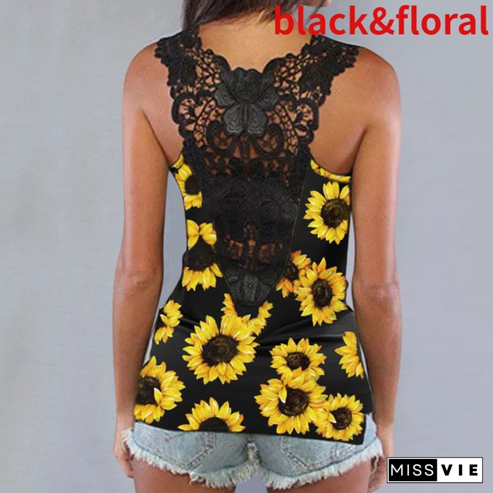 Women's Summer Sleeveless Sunflower Lace Splicing Open Back Tank Tops Casual Scoop Neck Shirt Tops Plus Size