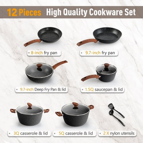 12 Pieces Cookware Set Granite Nonstick Pots and Pans Dishwasher Safe Black - none