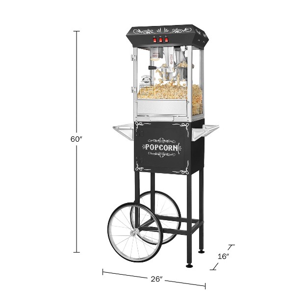 Great Northern Popcorn 8 Oz Popcorn Machine Stainless Steel Kettle Heated Warming Deck Old Maids Drawer And Cart Black