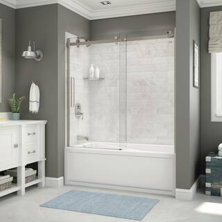 MAAX Utile 32 in. x 60 in. x 81 in. Bath and Shower Combo in Marble Carrara New Town Left Drain Halo Door Brushed Nickel 106911-307-508-100