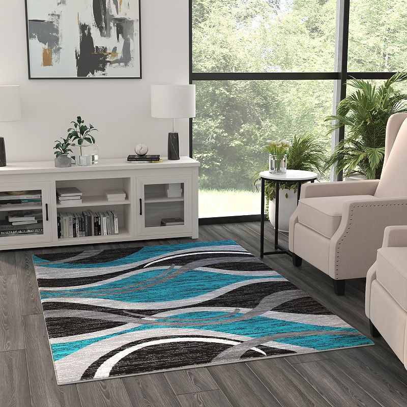 Masada Rugs Masada Rugs Stephanie Collection Area Rug with Modern Contemporary Design 1109 in Turquoise， Gray， Black and White - 5'x7'