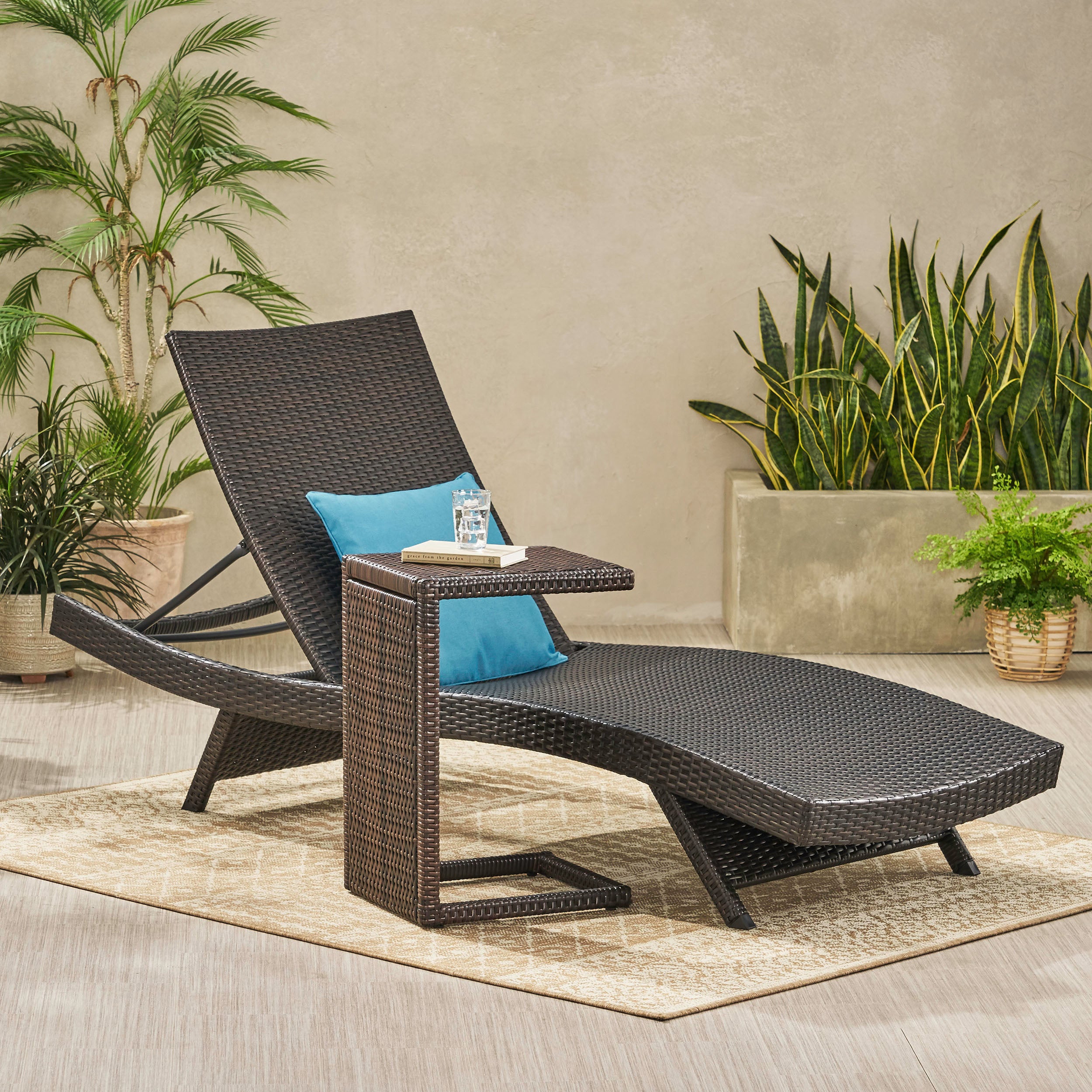 Modern Multi-Brown Wicker Chaise Lounge Set with C-Shaped End Table