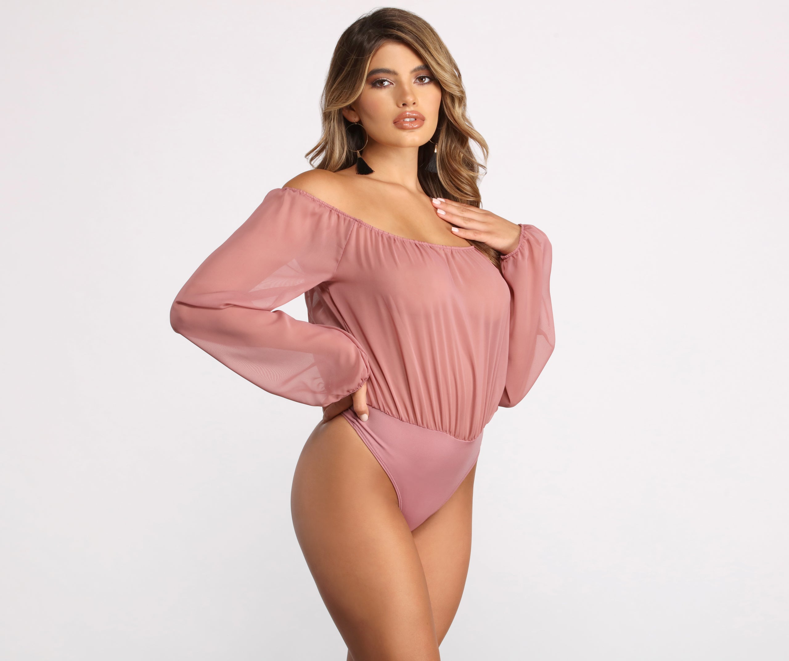 Off The Shoulder Long Sleeve Chiffon Bodysuit