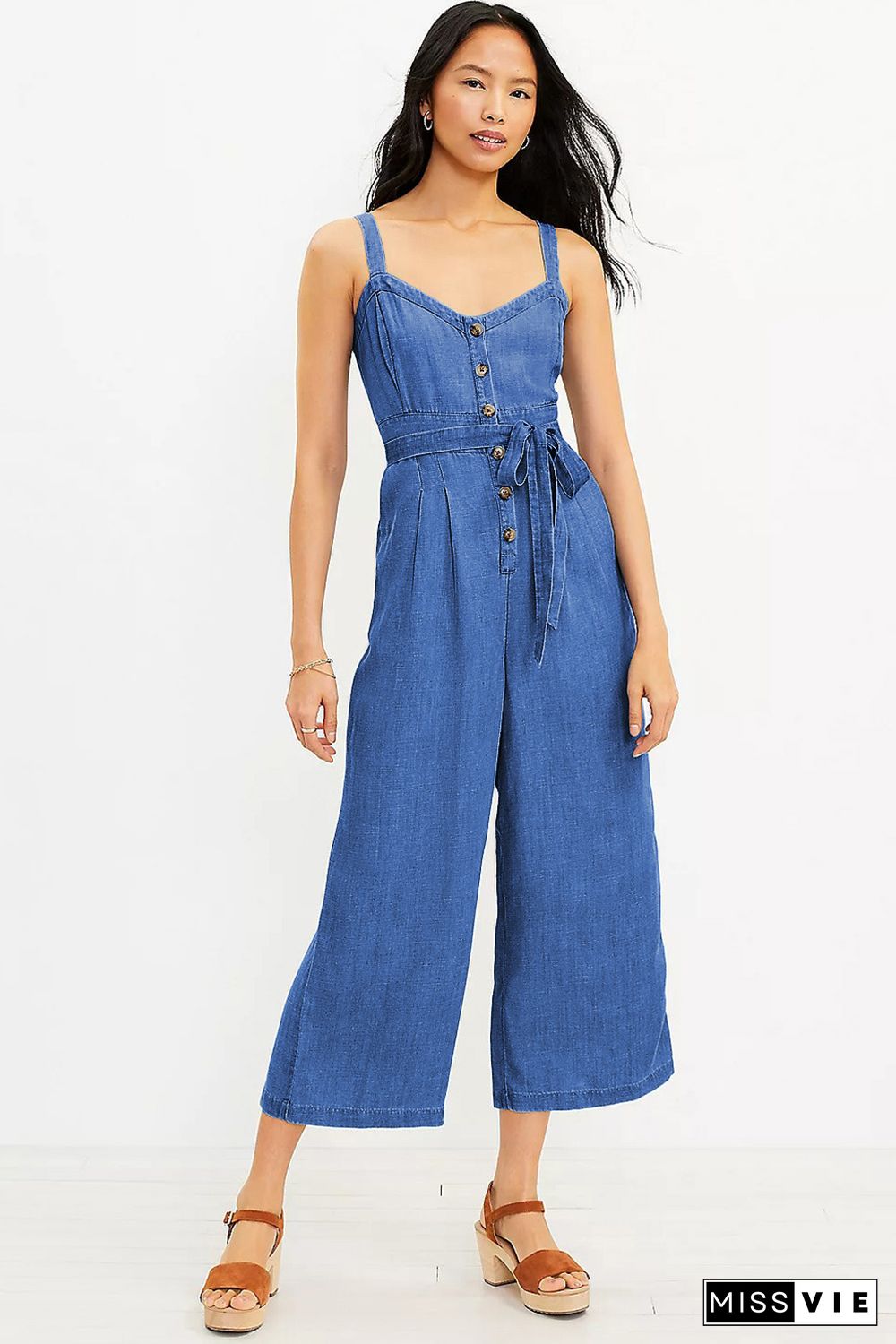 Sky Blue Buttoned Wide Leg Belted Chambray Strappy Jumpsuit