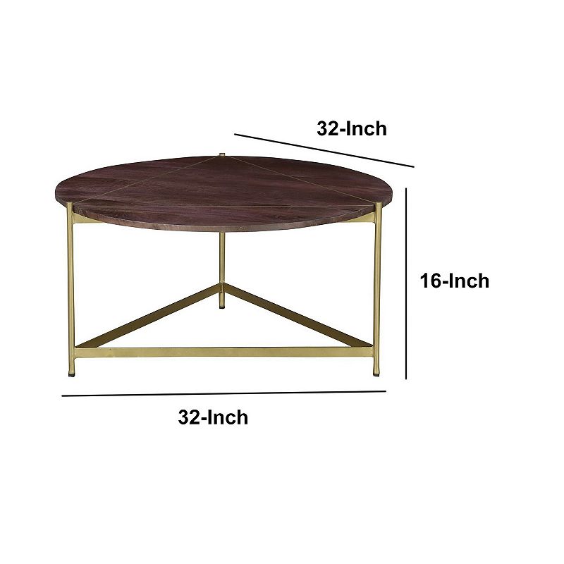 Ellis 32 Inch Round Wood Coffee Table with Brass Metal Base， Brown， Matte Gold