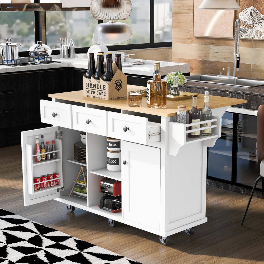 Zeus  Ruta White Rubber wood 53 in. Kitchen Island Drop-Leaf Countertop Cabinet door internal storage racks 5-Wheels 3-Drawers XIN-UTPEZB3