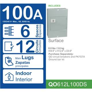 Square D QO 100 Amp 6-Space 12-Circuit Indoor Main Lug Load Center with Surface Mount Cover with Door QO612L100DS